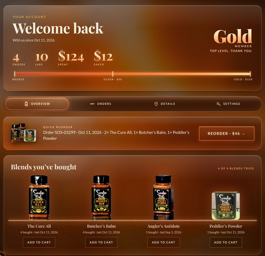 A customer account page: orders, blends bought and one-tap reorder