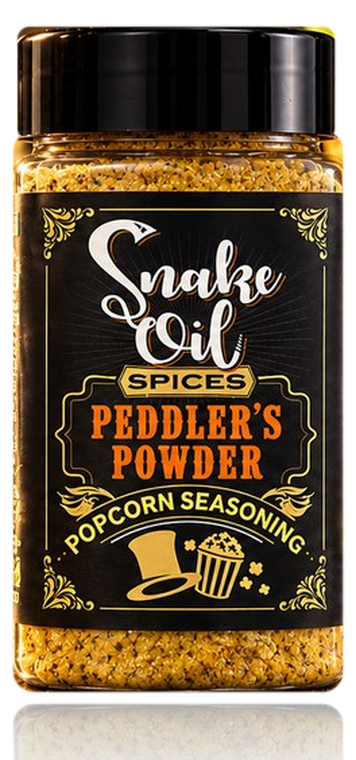 A jar of Peddler's Powder popcorn seasoning