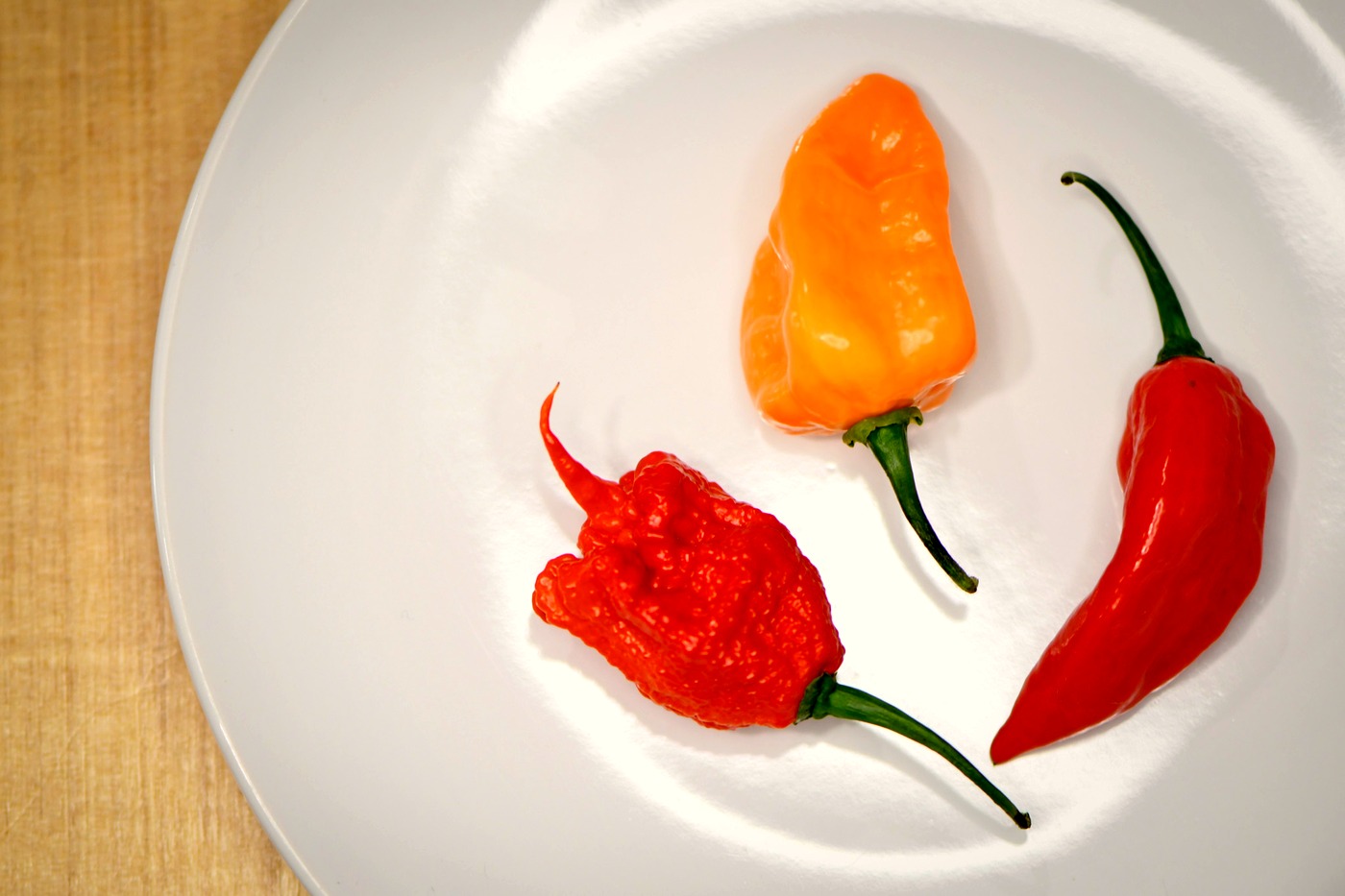 Fresh ghost peppers on a white plate