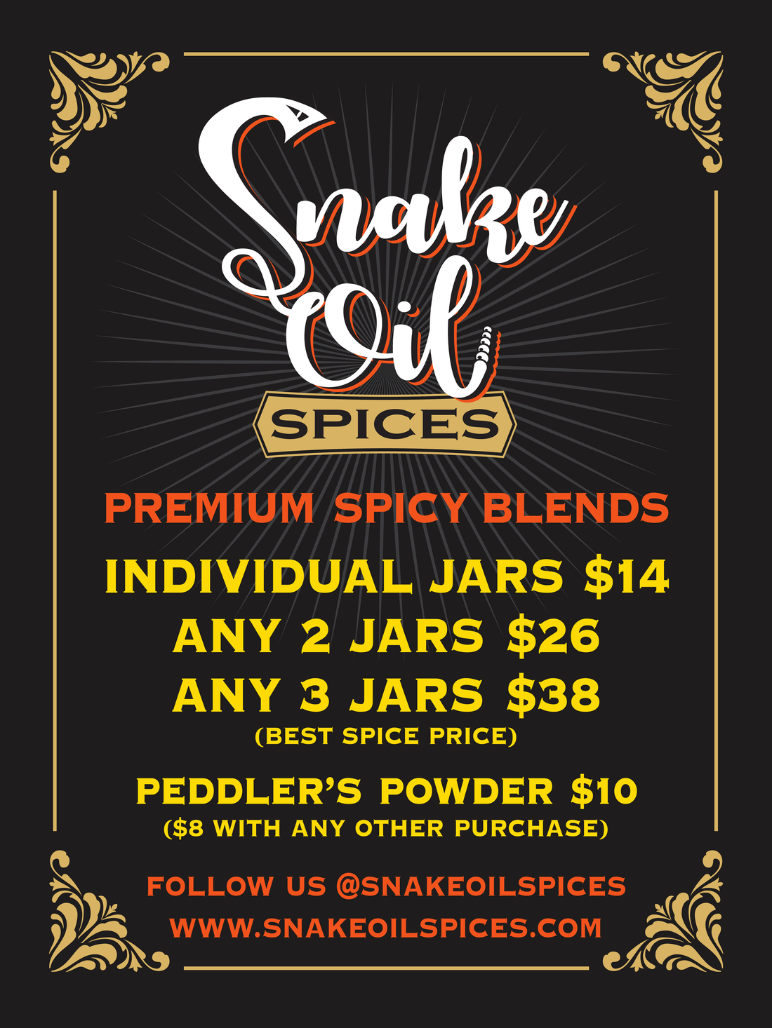 Snake Oil Spices market price card — individual jars $14, any 2 jars $26, any 3 jars $38, Peddler's Powder $10