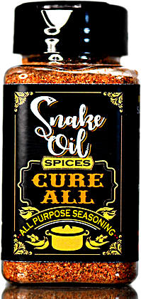 A single jar of Snake Oil Spices seasoning