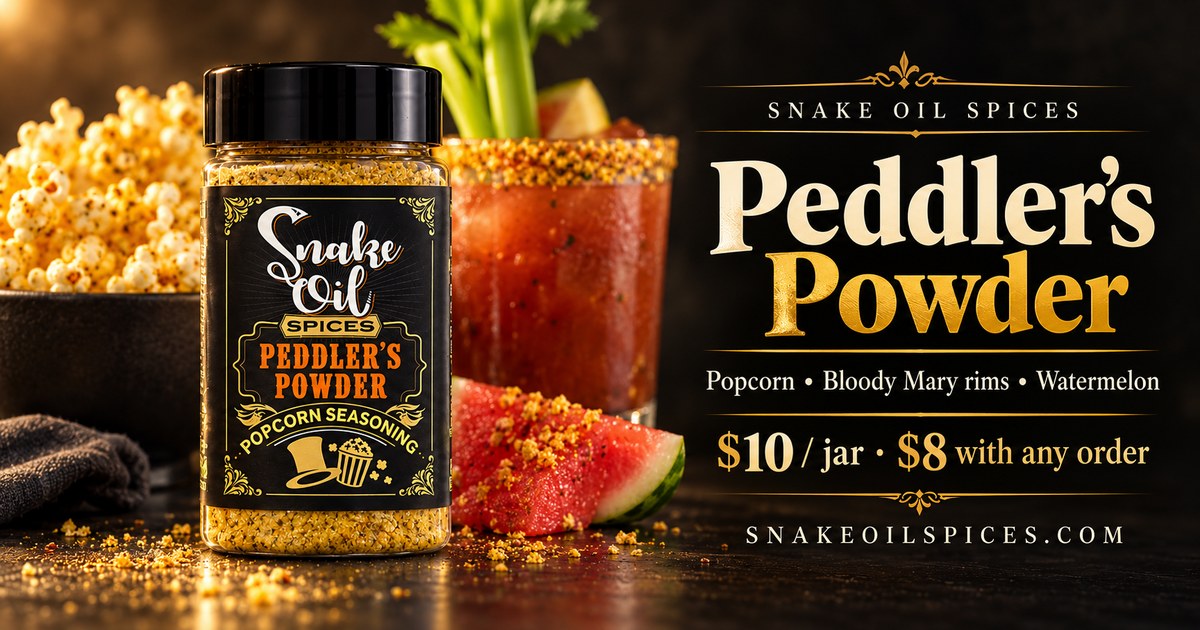 Peddler’s Powder popcorn seasoning jar with popcorn, a Bloody Mary and watermelon