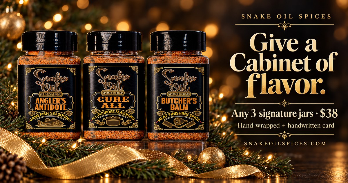 Three Snake Oil Spices jars among Christmas lights and ribbon: Give a Cabinet of flavor. Any 3 signature jars, $38, hand-wrapped with a handwritten card.