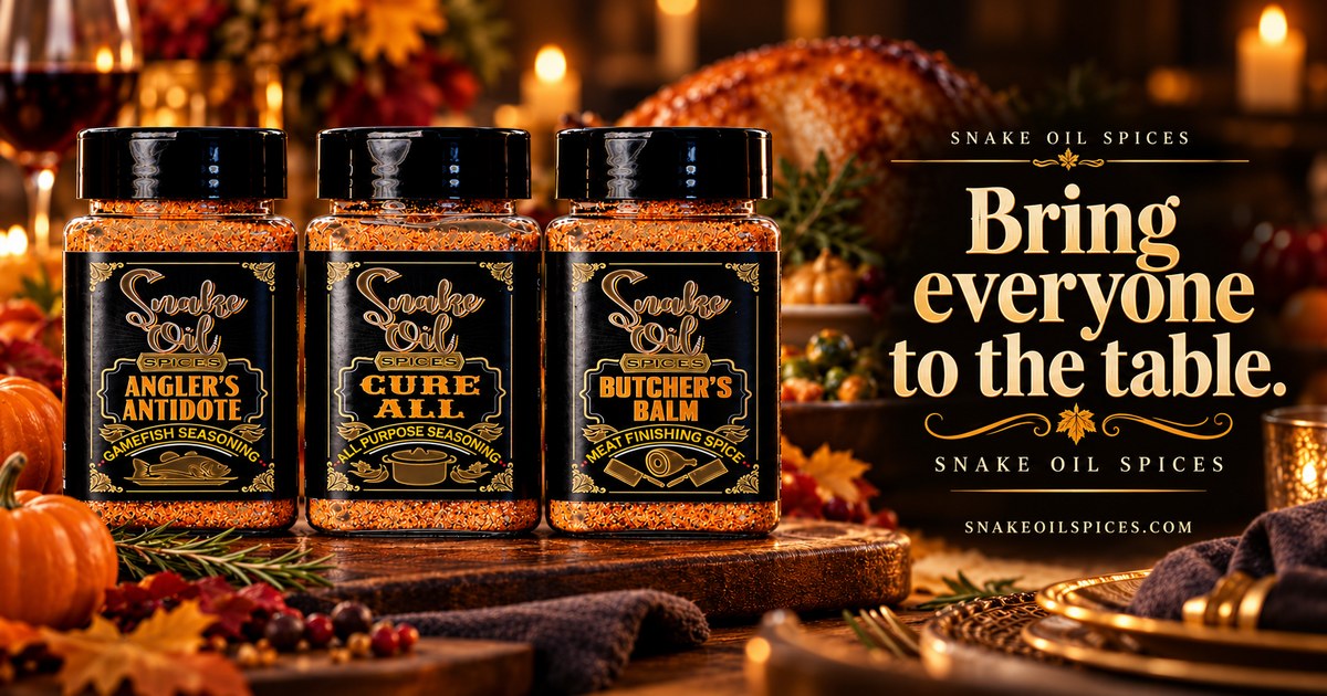 Three Snake Oil Spices jars on a Thanksgiving table: Bring everyone to the table.